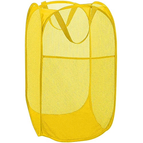 Image of BATTOO Deluxe Strong Mesh Pop up Laundry Hamper Basket with Side Pocket for Laundry Room, Bathroom, Kids Room, College Dorm or Travel Yellow
