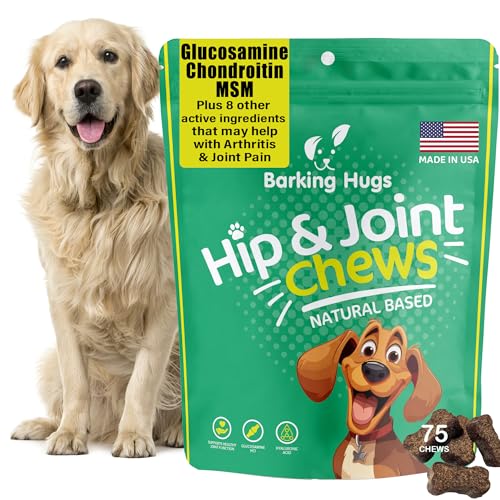 Barking Hugs Hip and Joint Supplement for Dogs - 500 mg Glucosamine for Dogs per Soft chew - Nature-Based for Maximum Joint Pain Relief - 11 Active Ingredients Support Dog Hip & Joint Care.