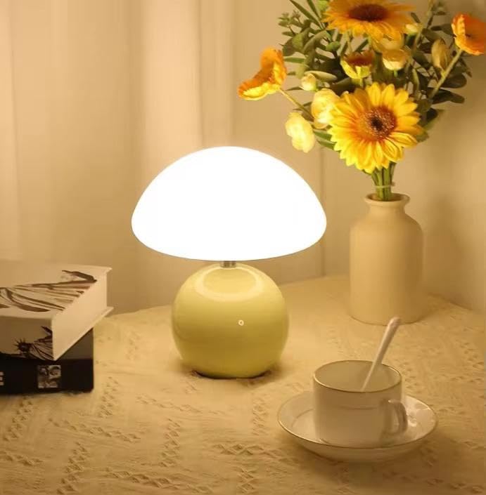 Image of Decorative Green Mushroom Desk Lamp|Minimalist Table Lamp- USB Rechargeable, 3 Colour LED, Dimmer Option for Bedroom, Study & Home Decor