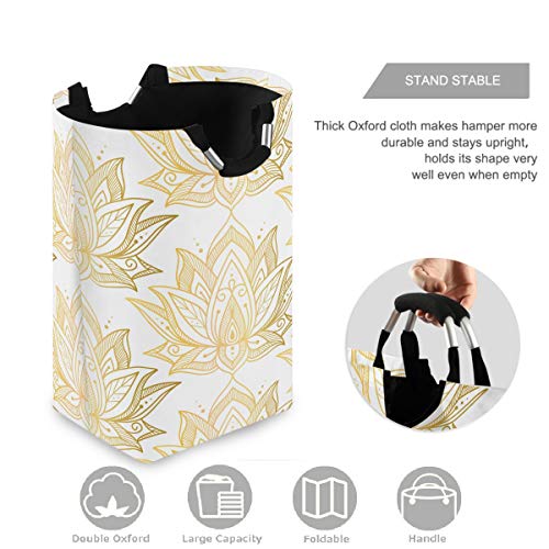 Visesunny Collapsible Laundry Basket Gold Lotus Flower Large Laundry Hamper Oxford Fabric Dirty Clothes Toy Organizer With Handle For Bathroom Kids Room Dorm #TOP2