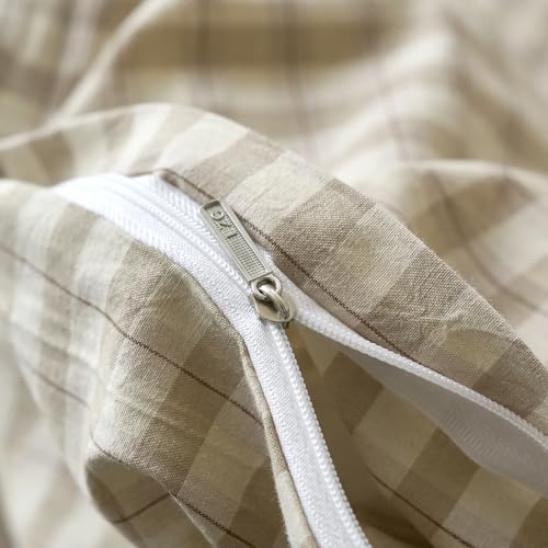 Image of VM VOUGEMARKET Khaki Gingham Duvet Cover Queen 3 Pieces Neutral Beige & Mocha Plaid Duvet Cover 100% Washed Cotton Comforter Cover with 2 Pillowcases Farmhouse Checkered Bedding Set