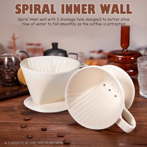 Image of Pour Over Coffee Dripper, Ceramic Pour Over Coffee Maker, White | 3 Holes Flat Bottom, Easy Manual Brew Maker, Porcelain Slow Filter Cone for Travel, Camping, Office, Home