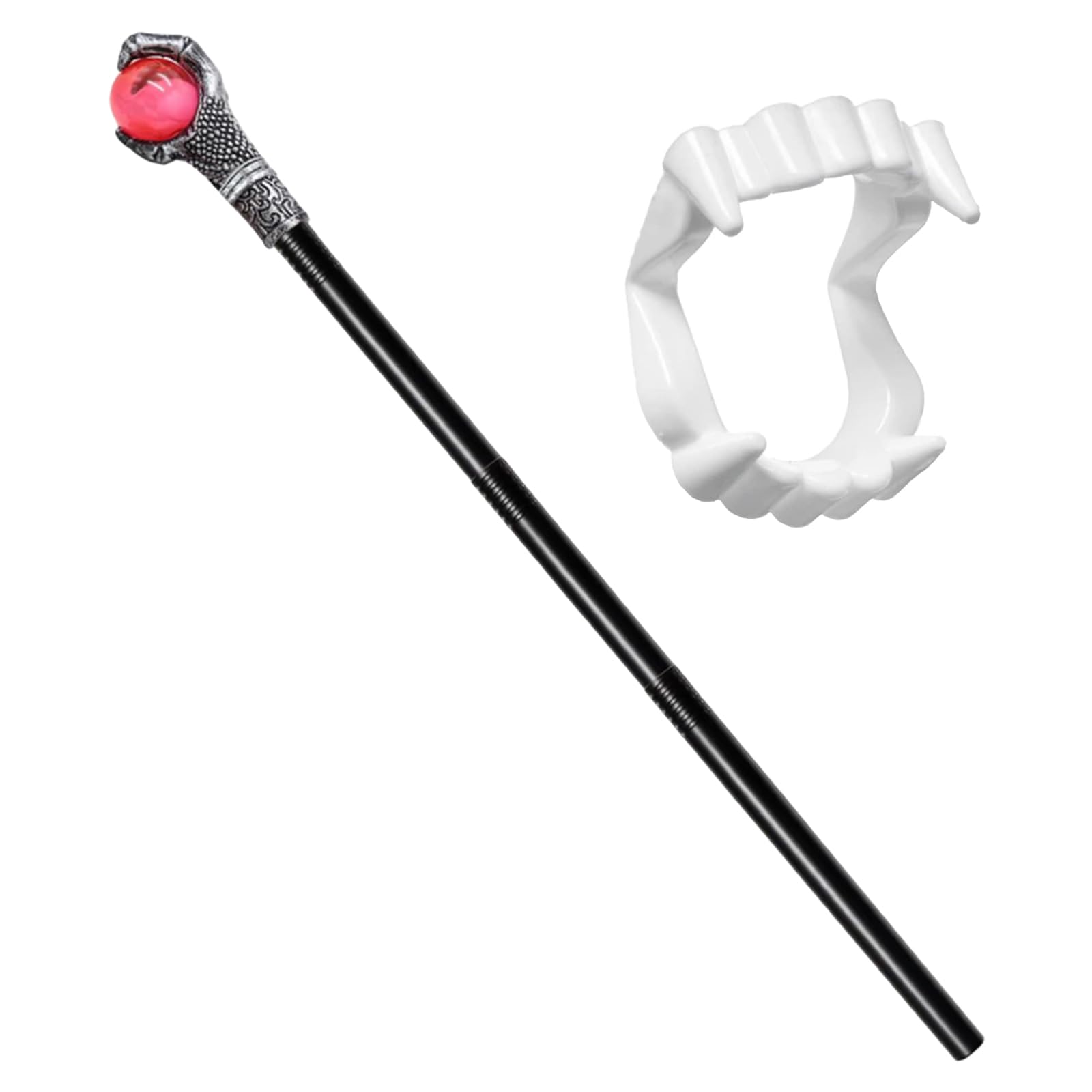 FENGCHUANG Halloween Costume Walking Cane 110cm/43in Silver Vintage Staff Prop Stick and Dentures for Halloween Pretend Play Pimp Cane Costume Accessories, Vampire Dress Up Parties