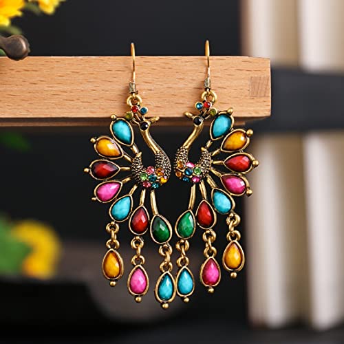 Peacock Teardrop Tassel Earrings, Peacock Chandelier Tassel Dangle Earrings for Women, Bohemian Teardrop Peacock Fringe Earrings, Sparkling Phoenix Bird Stud Earrings Boho Jewelry3
