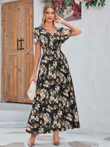 Image of Simplee Women's Boho Floral Maxi Dress Flowy Casual V Neck Short Sleeve Wedding Guest Holiday Beach Long Dress