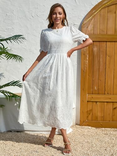 Midi Dress for Women Elegant Dresses Floral Eyelet Puff Sleeve Dress with Cinched Waist Casual Summer Party Dress White3