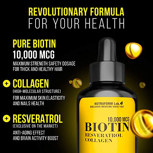 3-in-1 (Anti-Aging Formula) Biotin 10000 mcg, Collagen & Resveratrol - Stronger & Healthier Hair, Skin, Nails & Anti-Aging Effect | Organic Revolutionary Supplement | Made in USA | Visible Effect