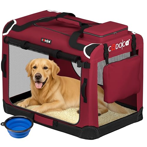 CADOCA® XXXL Dog Crate | | Foldable Breathable Car Pet Transport Box | Dog Travel Crate | Robust Pet Vet Holiday Cat Carrier Puppy Kitten Rabbit | 101x68x65cm Dark Red