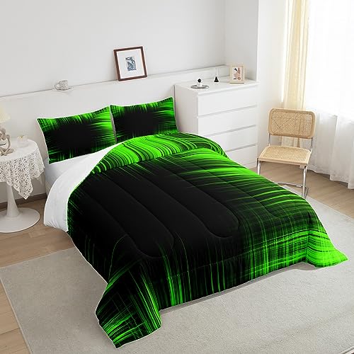 Image of Abstract Green Ombre Bedding Set Full Size, Green and Black Comforter Geometric Abstract Ombre Comforter Set for Kids Toddler Geometric Artistic Smear Duvet Set Breathable Bed Set 3Pcs