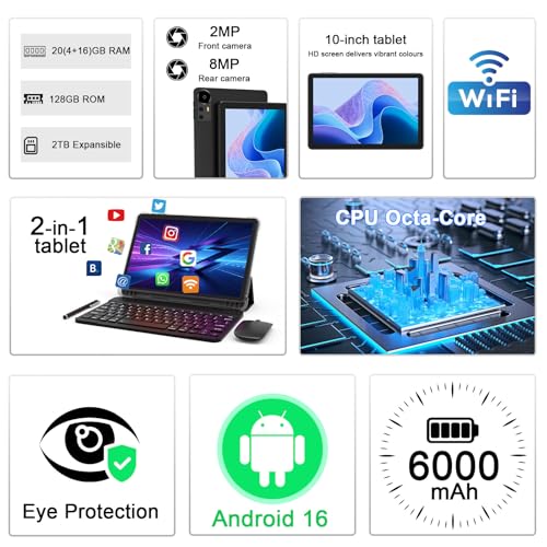Image of CUPEISI Android 16 Tablet 10 Inch, 20GB RAM+128GB ROM /2TB Expandable, 2.0GHz Octa-core Processor, 1280*800 HD Screen, 5G WiFi6 BT 5.0, 2 in 1 Tablets with Keyboard Case Mouse Stylus, Widevine L1 Black