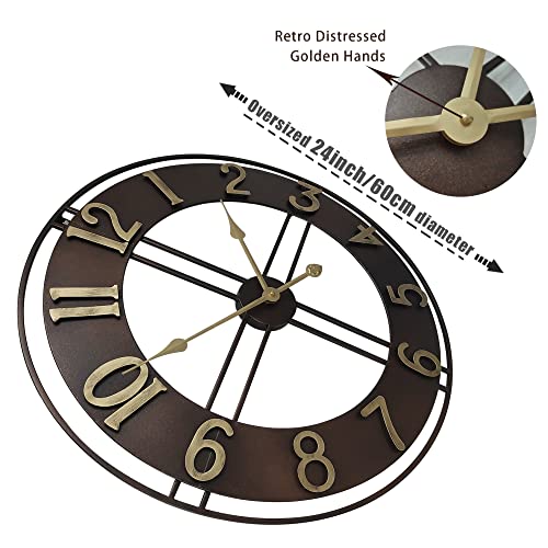 Mrocioa 24 Inch Farmhouse Decor Wall Clock Industrial Large Decorative Metal Clock Home Hanging Decor For Living Room, Loft, Kitchen (Gold) #TOP2