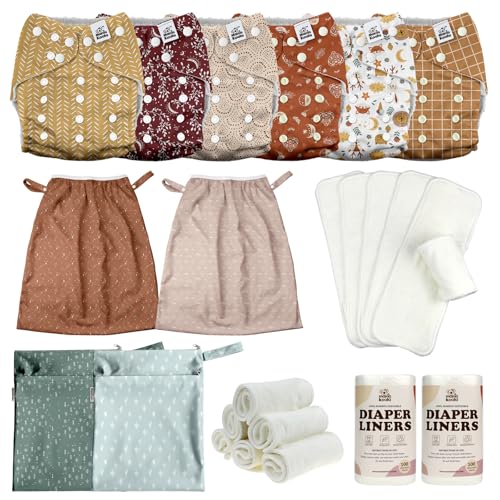 MK 3.0 Baby Cloth Diapers with 6 Inserts Bundle, with Bambo Liners, 5-Layer Bambo Inserts (6 Pack), Wet Bags and Pail Liners.