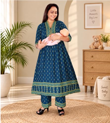 Image of Momenta Women's Pure Cotton Maternity Kurta Set | Feeding Kurti with Concealed Zippers | Maternity Dress for Pre & Post Pregnancy