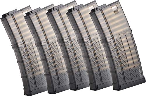 Evike Airsoft - EMG 190rd Lancer Systems Licensed L5 AWM Airsoft Mid-Cap Magazines (Color: Black Smoke/Pack of 5)