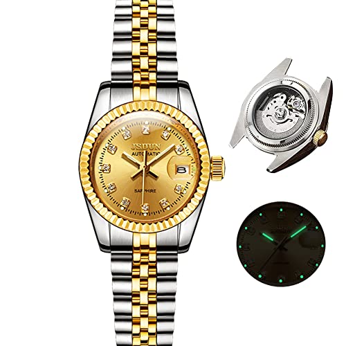 Ladies Mechanical Watches No Battery Date Women Automatic Watches Gold Dial Small Self Winding Wrist Watches for Women Swiss Two Tone Stainless Steel Luxury Reloj De Mujer Diamond Waterproof JSDUN