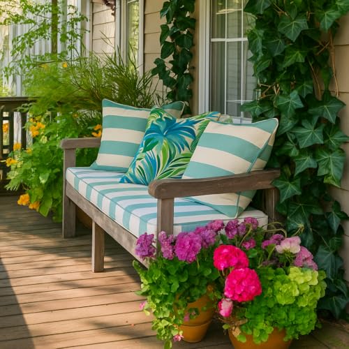 BLSTISCEN Outdoor Throw Pillow with Insert 18x18 Inch, Set of 2, Piping Edge Waterproof Fade Resistant Decorative Fluffy Pillows for Patio Furniture Chair Bench Couch Sofa - Teal Ivory Striped by BLSTISCEN - Used condition - Image 2
