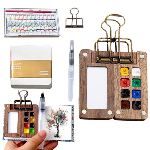 Watercolor Kit, Mini Portable Wooden Paint Set, Painting Travel Kit, Tiny Wooden Paint Palette, Mini Pocket Sets