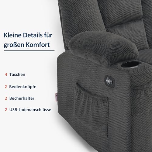 M MCombo Elektrisch 2er Sitzer Sofa mit Schlaffunktion, 2er Relaxsofa mit Taste 150° Verstellbar, Kinosessel mit Liegefunktion, USB & Getränkehalter, 7009 (Grau) – Bild 8