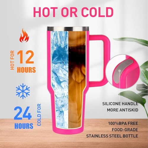 Image of Large Capacity Insulated Steel Tumbler with Handle and Straw Lid Dark Pink 1200 ML Hot Cold Travel Mug for Office Car Gym
