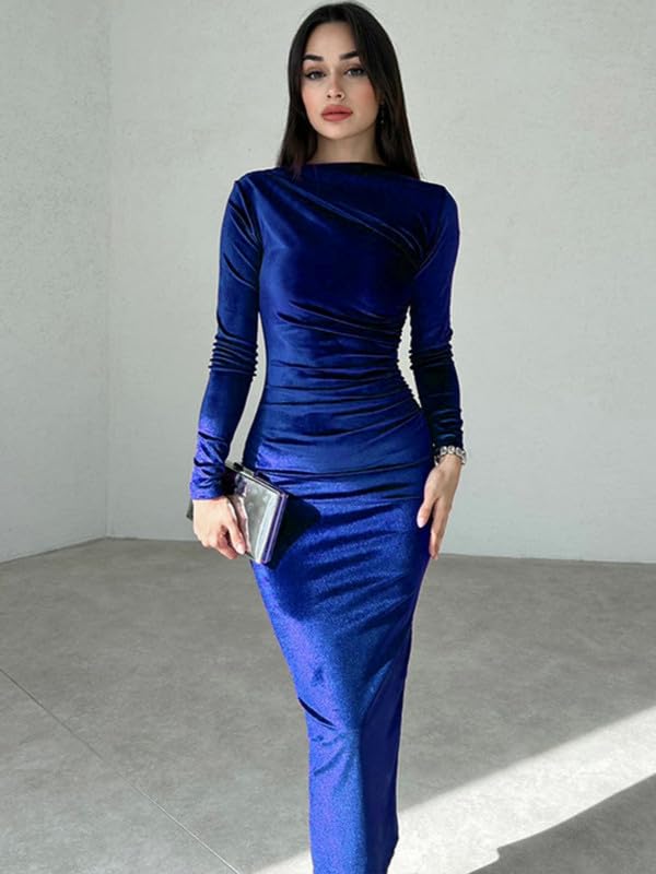 Haibang Robe Longue Moulante en Velours à Manches Longues pour Femme Bodycon Maxi Robe Slim Fit Maxi Dress Élégante Robe pour Soirée Cocktail Party Fête Club Disco Nuit Bal Otoño e Invierno