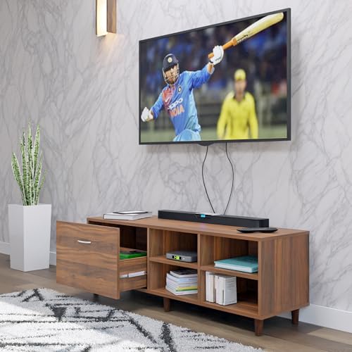 Image of VIKI Modern TV Unit for Living Room | Engineered Wood TV Cabinet with 1 Drawer Storage & 2 Open Shelves, Set Top Box Stand, Entertainment Unit, 140W x 48H x 40D cm | DIY | 1 Year Warranty (Walnut)