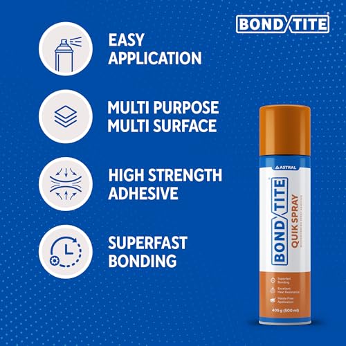 Image of Bondtite Quik Spray 500ml, High-Strength Sprayable Adhesive, Super-Fast Bonding for DIY Crafts, Household Repairs, Woodworking & More, Multi-Purpose & Heat Resistant up to 120C