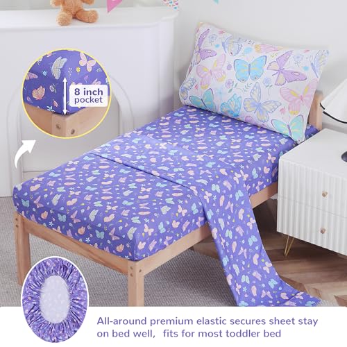 Image of Viviland Toddler Comforter Sets, 4 Pieces Bedding Sets, Colorful Butterfly | Microfiber Colorful Bed Set, Girls, Breathable & Soft, Comforter, Bed Sheet, Fitted Sheet and Pillowcase, Machine Washable