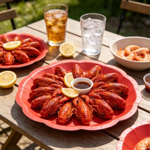 Image of NatNarr 30 Pcs Red Paper Plates 9 Inch Scalloped Dinner Cake Plates | Red Party Plate Disposable Picnic Plate for BBQ, Seafood Boil Party, Wedding, Birthday