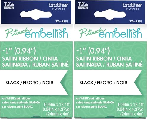 Image of Brother P-Touch Embellish Black Print on White Satin Ribbon TZE-R251 - ~1 inch inch Wide x 13.1' Long (24mm x 4m /4.37 yds) (TZER251) (Pack of 2)