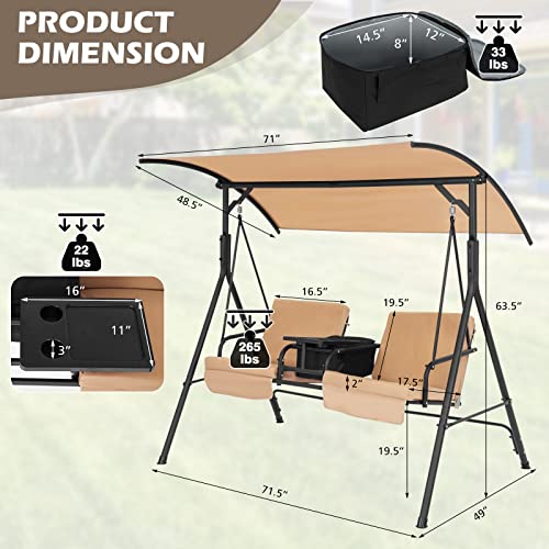 Tangkula 2 Person Porch Swing, Outdoor Swing With Pivot Storage Table, Cooler Bag, 2 Cup Holders, Removable Cushions, Patio Swing With Canopy For Backyard Balcony Poolside (Brown) #TOP3