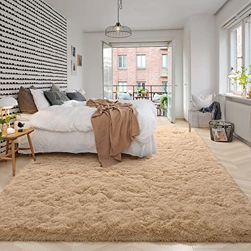 HOMORE Luxury Fluffy Area Rug 8x10 Feet Modern Shag Rugs for Bedroom Living Room, Super Soft and Comfy Carpet, Cute Carpets for Kids Nursery Girls Home, Light Tan