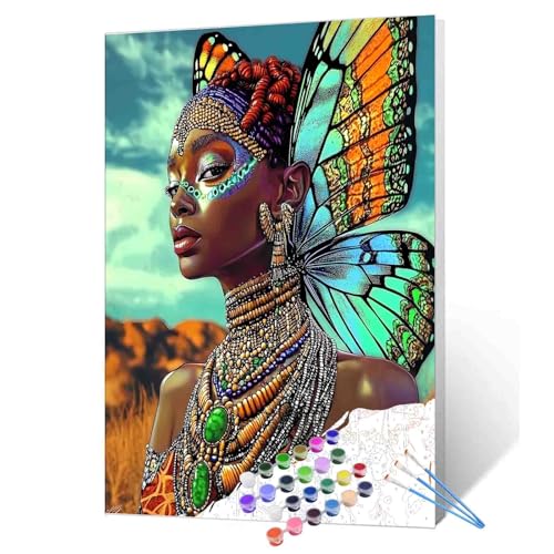 DIY Paint by Numbers for Adults African American Painting Acrylic Paint Black Woman with Butterfly Wings DIY Oil Painting Kits Afrocentric Canvas Art Living Room Decor 16x20 Inch（Without Frame ）