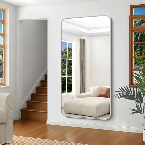 Image of Silver Bathroom Mirror, 72 x 36 Inch Large Rectangle Mirror, Rectangular Vanity Mirror Aluminum Metal Frame, Rounded Corner Wall Mirror for Living Room Bedroom Entryway Horizontal /Vertical