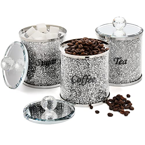 Cedilis 3 Pack Decorative Coffee Tea Sugar Canisters with Crushed Crystal Diamonds, Glass Kitchen Food Storage Containers, Bling Kitchen Jar for Kitchen Countertop Decor, Silver - Image 4