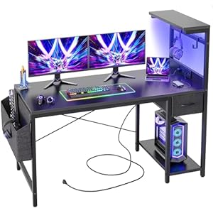 BEXEVUE Gaming Desk 47 inch with Power Outlet and LED Light, Computer Desk with Reversible Shelves and Storage Drawer, Small PC Desk for Home Office Table with Bag, Carbon Fiber Black