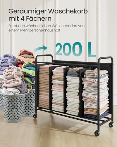 SONGMICS Wäschekorb mit Rollen, Wäschesammler 4 Fächer, 200 L Wäschesortierer, beweglicher Wäschewagen, 5 Etiketten, für Waschküche… – Ansicht 3