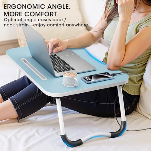 Image of Folding Lap Desk, 23.6 Inch Wood Laptop Bed Desk with Cup Holder, Portable Bed Table for Working Writing Reading & Eating for Bed, Sofa, Couch, Floor - Blue