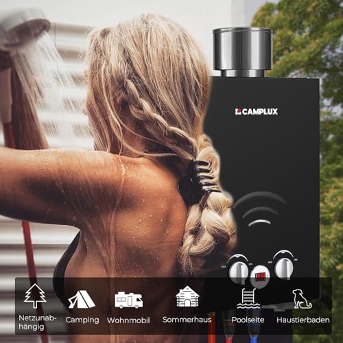 CAMPLUX BW158BC Gasdurchlauferhitzer mit Regenhaube, Tankless LPG Durchlauferhitzer Tragbar, 6 Liter, für Campingdusche Pferdedusche