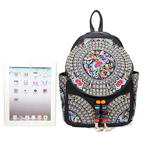 Image of SILKAREA Vintage Embroidered Floral Ethnic Backpack Purse for Women Bohemian Handbag Shoulder Bag Travel Purse (Black S1)