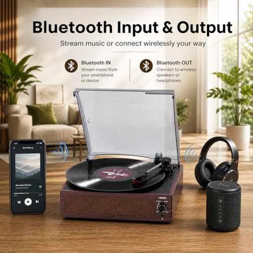 Image of HINISO Bluetooth Vinyl Record Player T516 with Bluetooth Input & Output | 3-Speed Turntable (33 /45 /78 RPM) | Built-in Speakers | RCA, AUX, Headphone Jack | Vintage Wooden Finish with Dust Cover