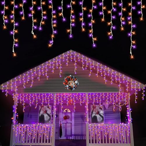 QITONG Orange and Purple Halloween Lights 33ft 400 LED Icicle Lights for Outside Plug in Clear Wire Connectable String Light Indoor with 8 Modes