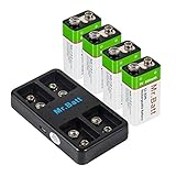 Mr.Batt Lithium Ion 9 Volt Rechargeable Battery Charger and 9V Li-ion Rechargeable Batteries, 600mAh 4 Pack