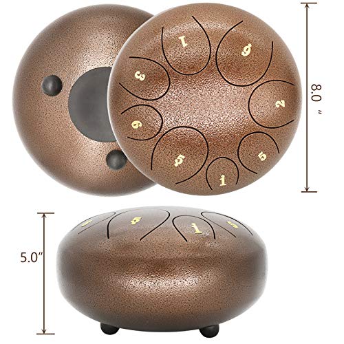 Steel Tongue Drum Tank Drum - Standard C Key 8 Notes 8 Inches Pan Drum - Percussion Instrument With Drum Mallets -Handpan Drum With Bag, Music Book, Finger Picks  For Camping, Meditation, Or Yoga #TOP1