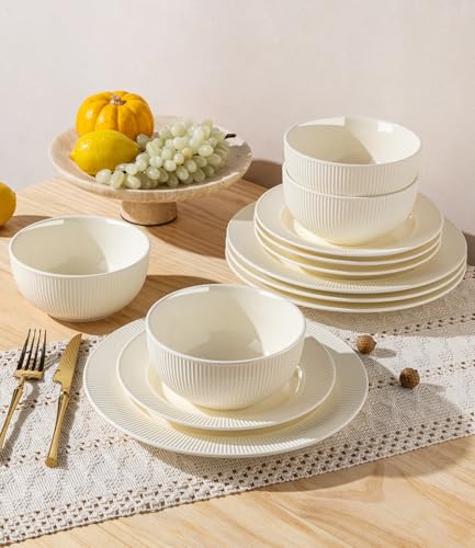 Image of TheTerra Ceramic Dinnerware Sets for 4, 12 Pieces Porcelain Lightweight Plates and Bowls Sets, Scratch Resistant Dish Set, Oven, Microwave & Dishwasher Safe, Ivory