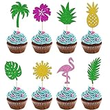 40PCS Tropical Cupcake Toppers Glitter Leaf Pineapple Flower Palm Tree Flamingo...