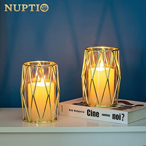 Nuptio Candle Holders for Pillar Candles - Geometric Candleholders Gold Flower Vase with Hurricane Cylinder Glass Dual Uses for Wedding Birthday Party Table Living Room Centerpieces