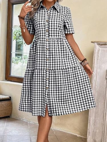 chouyatou Women's Plaid Short Sleeve Button Down Shirt Dress Retro Gingham Button Up Tunic Midi Long Dress2