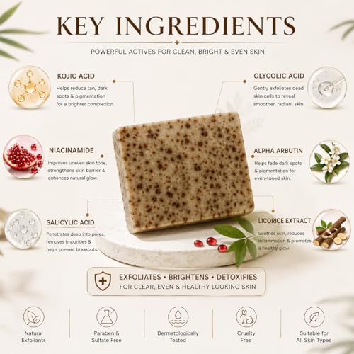 Image of Kojic Acid & Pomegranate Exfoliating De-Tan Soap (Pack of 2 x 75g) | Detan Bar for Tan Removal with Alpha Arbutin, Niacinamide & Glycolic Acid | Brightening, Deep Cleansing & Odor Control | Paraben & Sulfate Free Kojic Acid Cleanser