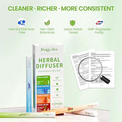 Image of PUFFIAIR Herbal Diffuser Pen 4 Pack, Clean Botanical Aromatherapy Diffusers, Four Aroma Variety Set, Cool Mint & Herbal Scents, Smooth Daily Experience, Up to 600 Uses Each