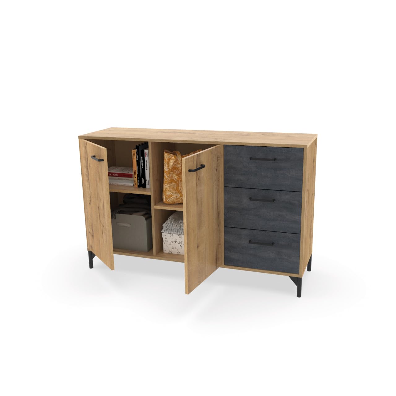 Aparador Salón Comedor, Buffet, Mueble Auxiliar, 2 puertas y 3 Cajones, Roble Gold combinado con imitacón mármol negro, 85x135x40cm, Despensa, Cocina, Despacho, Moderno, Industrial, modelo Nantes